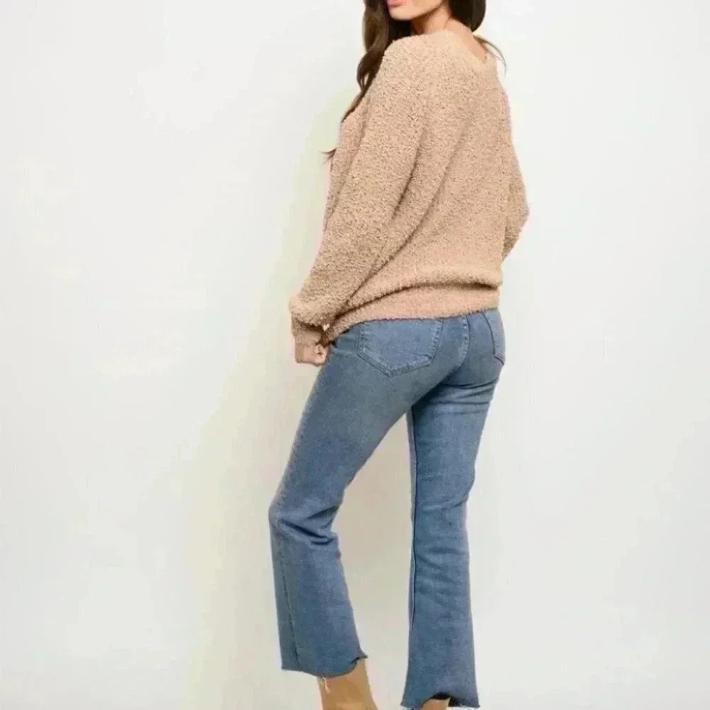 WOMEN'S LONG SLEEVE FRONT RUCHED TOP OATMEAL